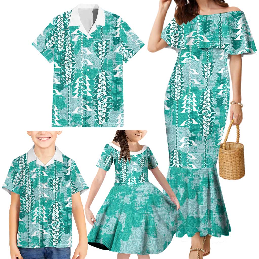Teal Hawaii Tapa Pattern Family Matching Mermaid Dress and Hawaiian Shirt With Heliconia Vintage Style