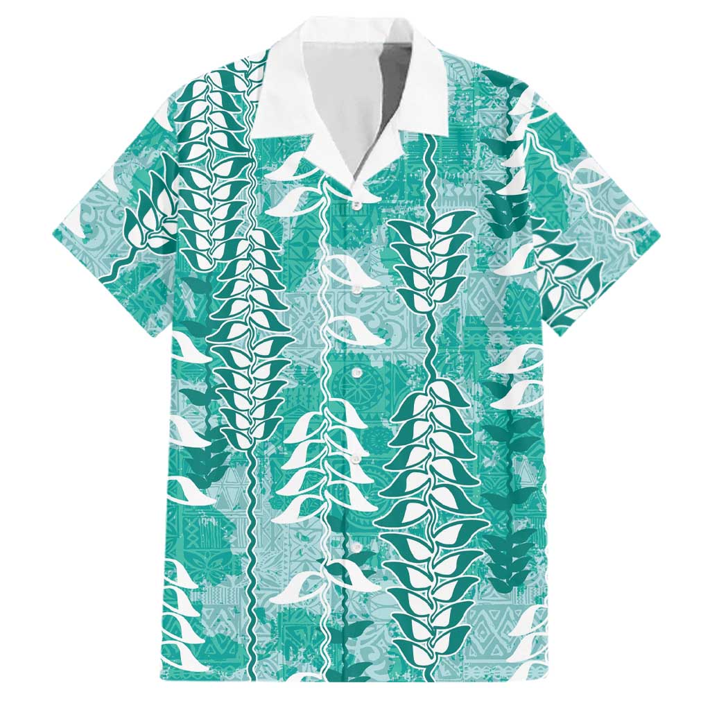Teal Hawaii Tapa Pattern Family Matching Mermaid Dress and Hawaiian Shirt With Heliconia Vintage Style LT05 Dad's Shirt - Short Sleeve Teal - Polynesian Pride