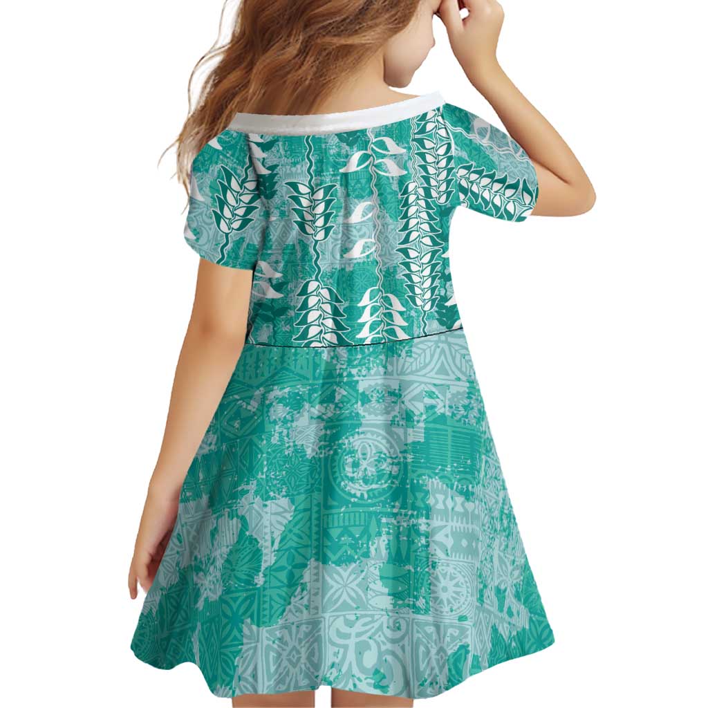 Teal Hawaii Tapa Pattern Family Matching Off The Shoulder Long Sleeve Dress and Hawaiian Shirt With Heliconia Vintage Style LT05 - Polynesian Pride