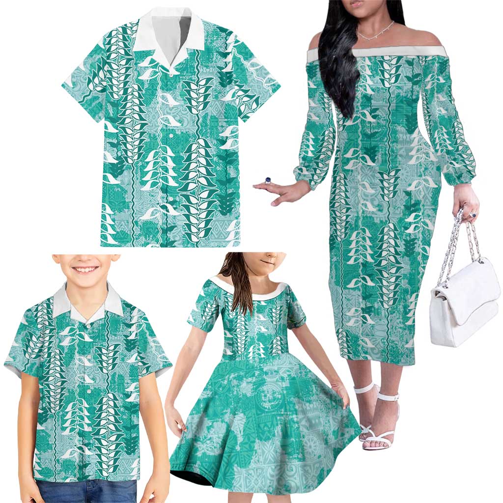 Teal Hawaii Tapa Pattern Family Matching Off The Shoulder Long Sleeve Dress and Hawaiian Shirt With Heliconia Vintage Style
