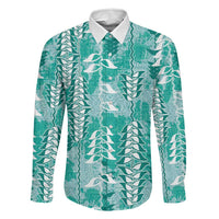 Teal Hawaii Tapa Pattern Family Matching Off Shoulder Short Dress and Hawaiian Shirt With Heliconia Vintage Style LT05 Dad's Shirt - Long Sleeve Teal - Polynesian Pride