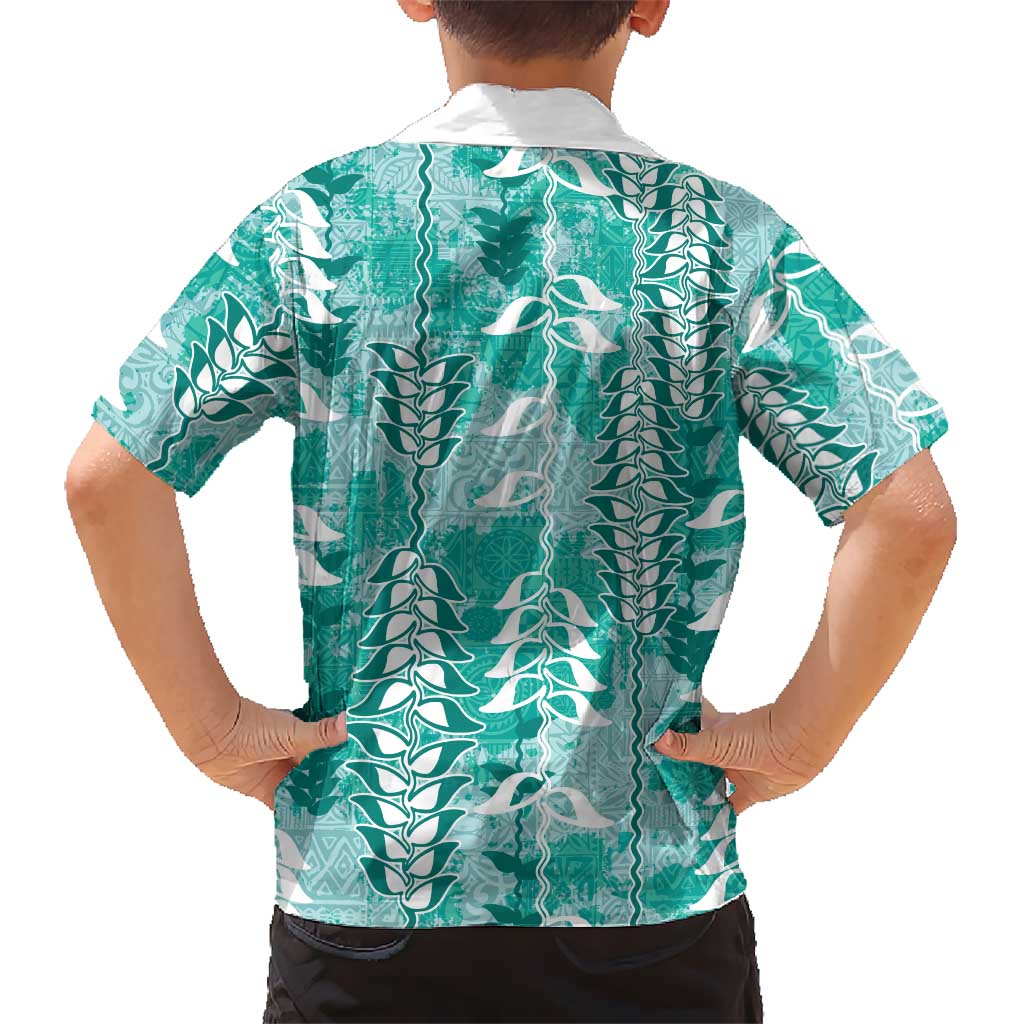 Teal Hawaii Tapa Pattern Family Matching Short Sleeve Bodycon Dress and Hawaiian Shirt With Heliconia Vintage Style LT05 - Polynesian Pride