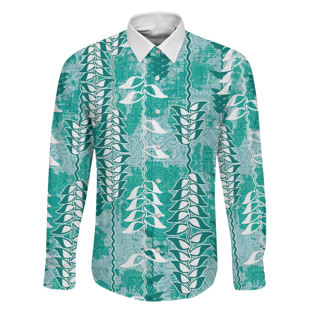 Teal Hawaii Tapa Pattern Family Matching Summer Maxi Dress and Hawaiian Shirt With Heliconia Vintage Style LT05 Dad's Shirt - Long Sleeve Teal - Polynesian Pride