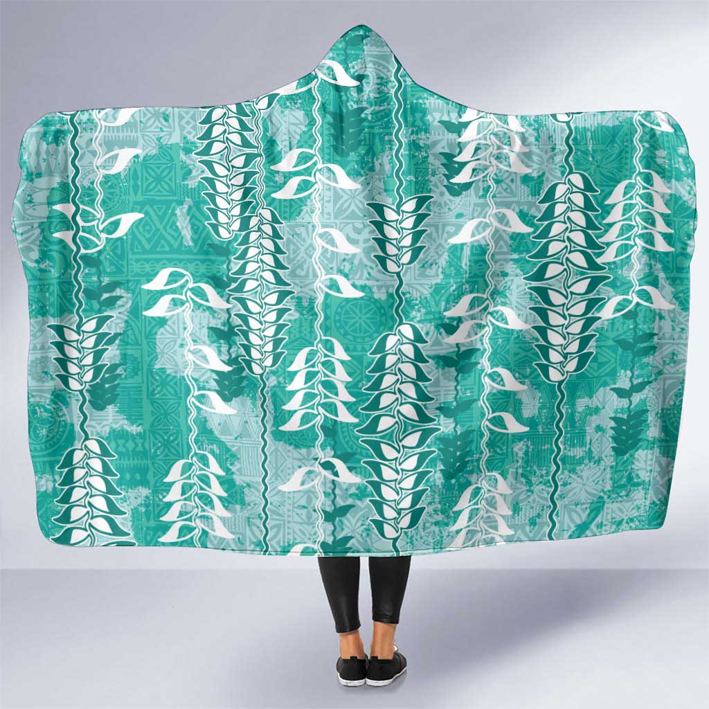 Teal Hawaii Tapa Pattern Hooded Blanket With Heliconia Vintage Style LT05 One Size Teal - Polynesian Pride
