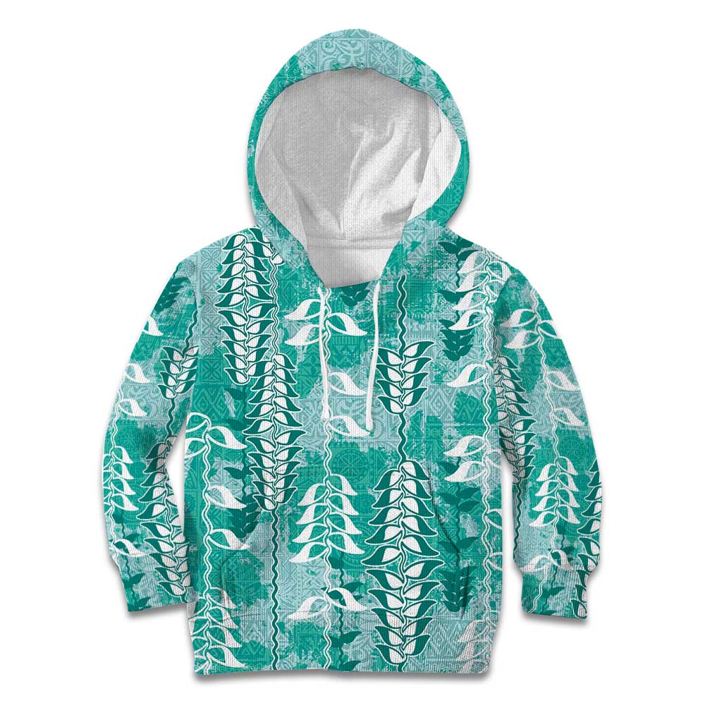 Teal Hawaii Tapa Pattern Kid Hoodie With Heliconia Vintage Style