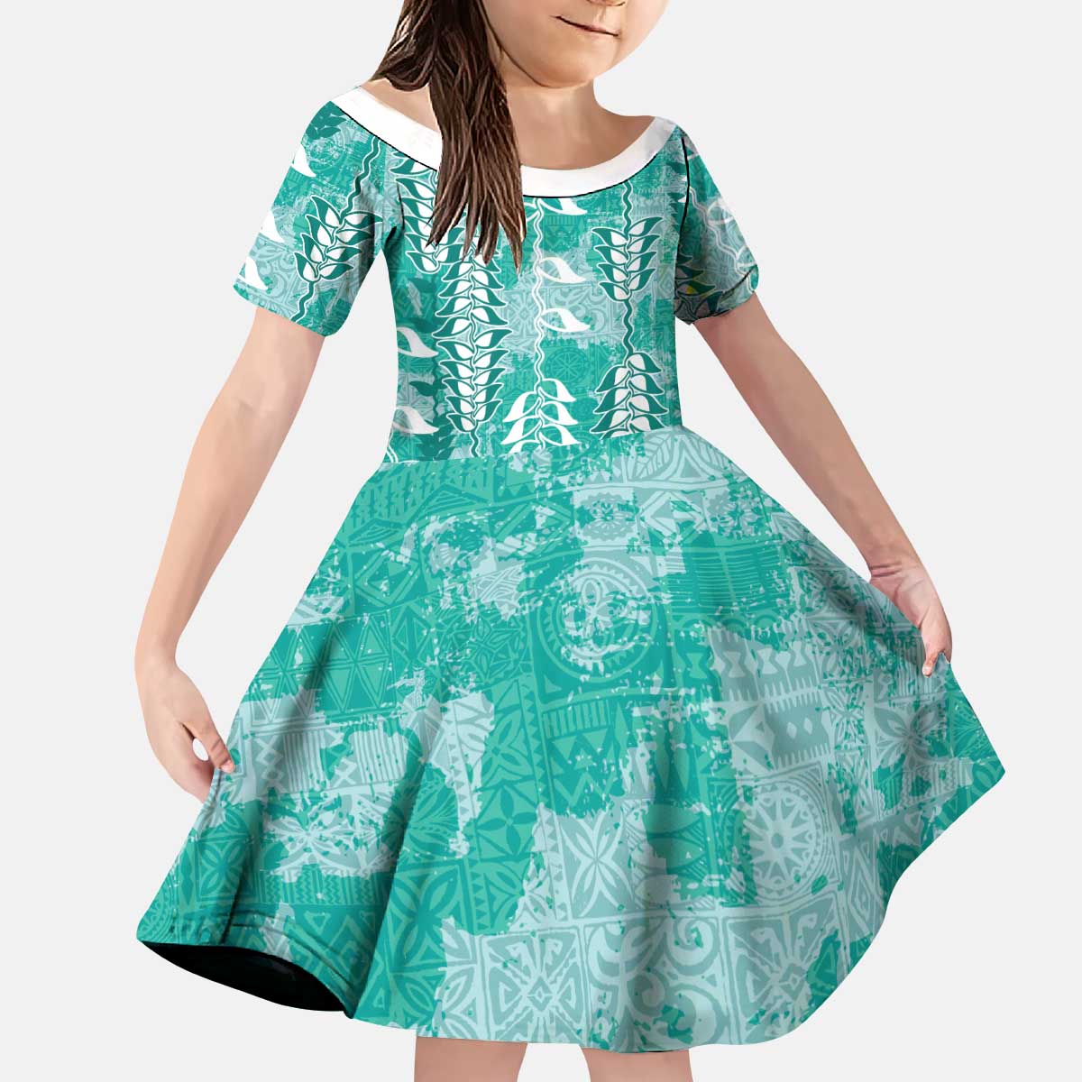 Teal Hawaii Tapa Pattern Kid Short Sleeve Dress With Heliconia Vintage Style LT05 KID Teal - Polynesian Pride