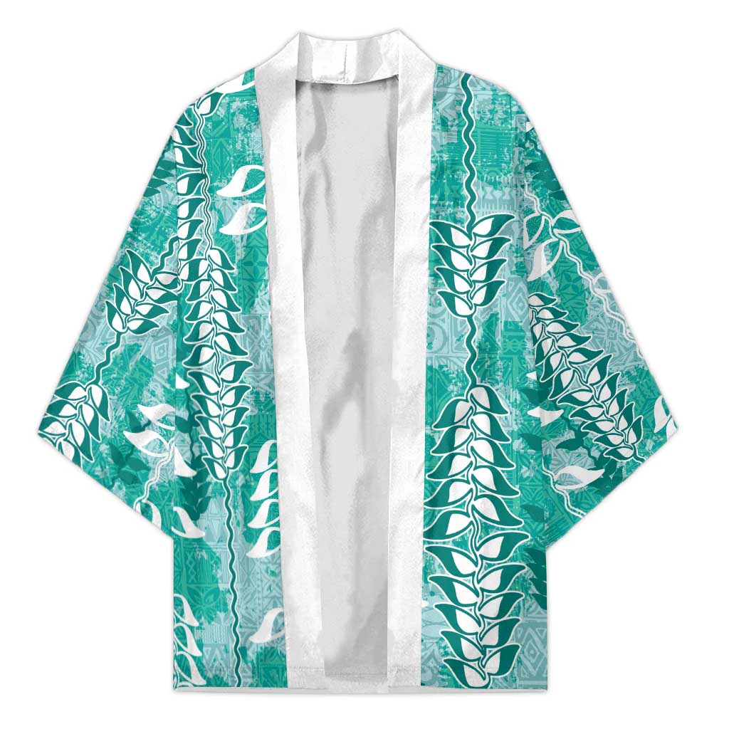 Teal Hawaii Tapa Pattern Kimono With Heliconia Vintage Style LT05 Unisex Teal - Polynesian Pride