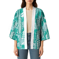 Teal Hawaii Tapa Pattern Kimono With Heliconia Vintage Style LT05 - Polynesian Pride