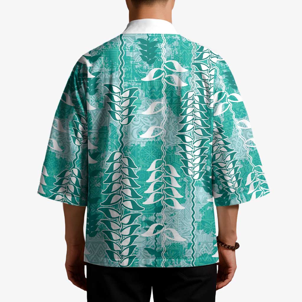 Teal Hawaii Tapa Pattern Kimono With Heliconia Vintage Style LT05 - Polynesian Pride