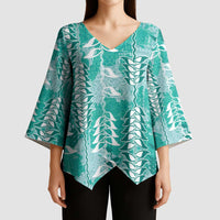 Teal Hawaii Tapa Pattern Kimono Sleeve Blouse With Heliconia Vintage Style LT05 - Polynesian Pride