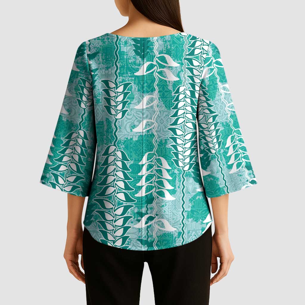 Teal Hawaii Tapa Pattern Kimono Sleeve Blouse With Heliconia Vintage Style LT05 - Polynesian Pride