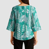 Teal Hawaii Tapa Pattern Kimono Sleeve Blouse With Heliconia Vintage Style LT05 - Polynesian Pride