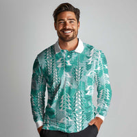 Teal Hawaii Tapa Pattern Long Sleeve Polo Shirt With Heliconia Vintage Style LT05 - Polynesian Pride