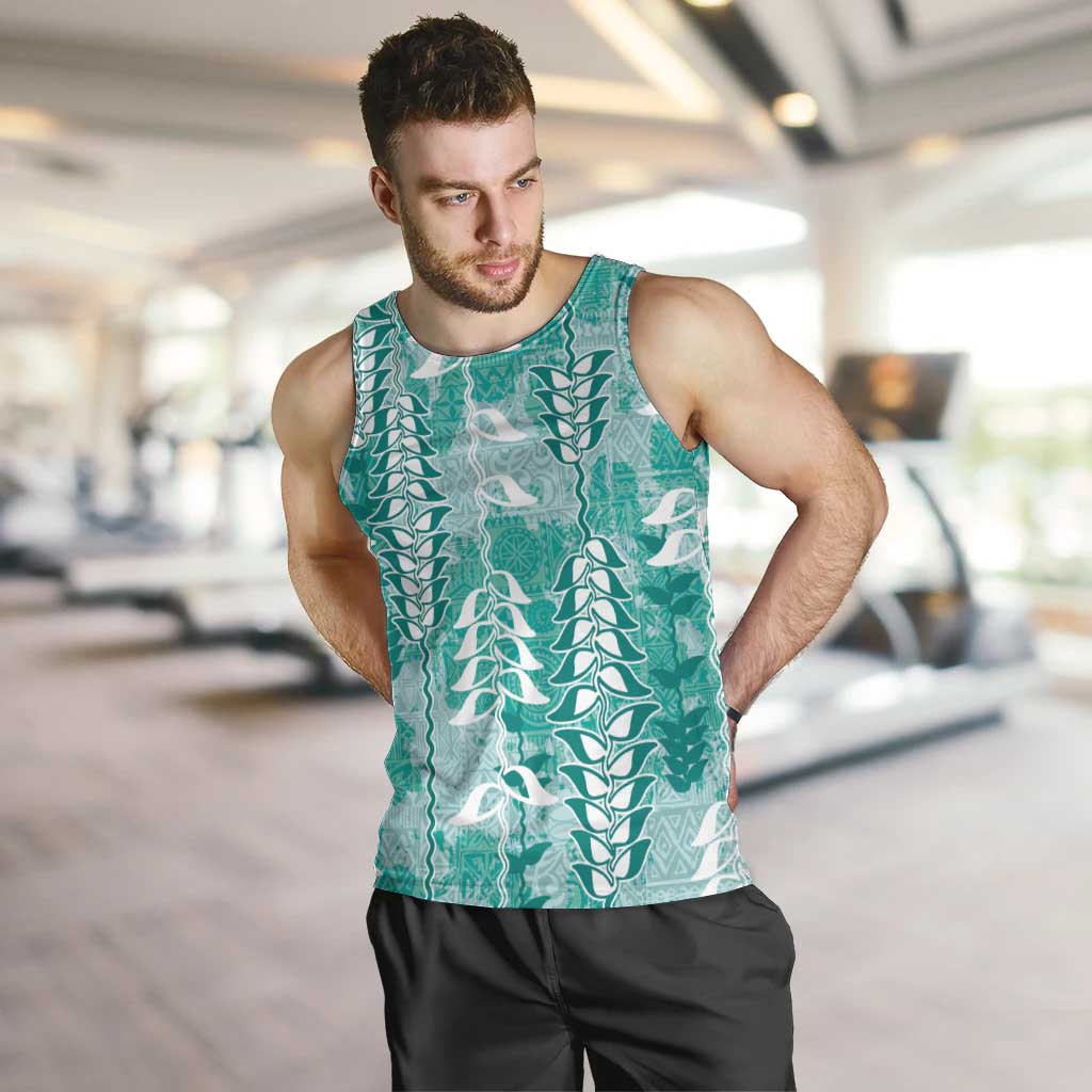 Teal Hawaii Tapa Pattern Men Tank Top With Heliconia Vintage Style