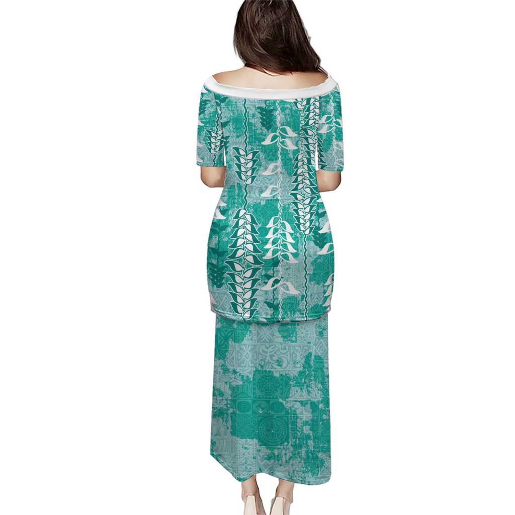 Teal Hawaii Tapa Pattern Puletasi With Heliconia Vintage Style LT05 - Polynesian Pride