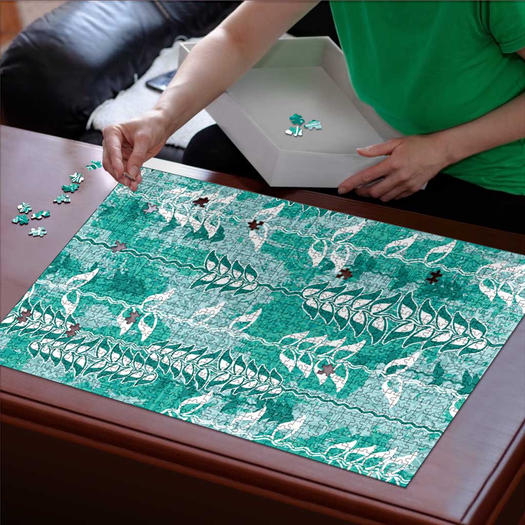 Teal Hawaii Tapa Pattern Puzzle With Heliconia Vintage Style LT05 - Polynesian Pride