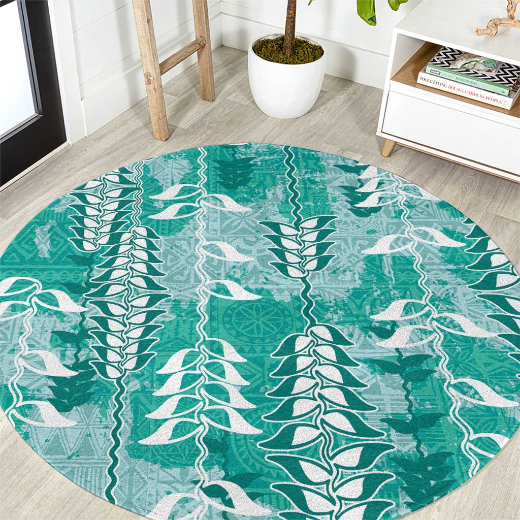 Teal Hawaii Tapa Pattern Round Carpet With Heliconia Vintage Style LT05 Teal - Polynesian Pride