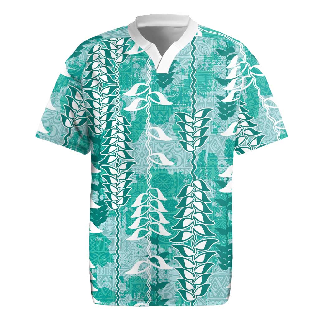 Teal Hawaii Tapa Pattern Rugby Jersey With Heliconia Vintage Style LT05 Teal - Polynesian Pride