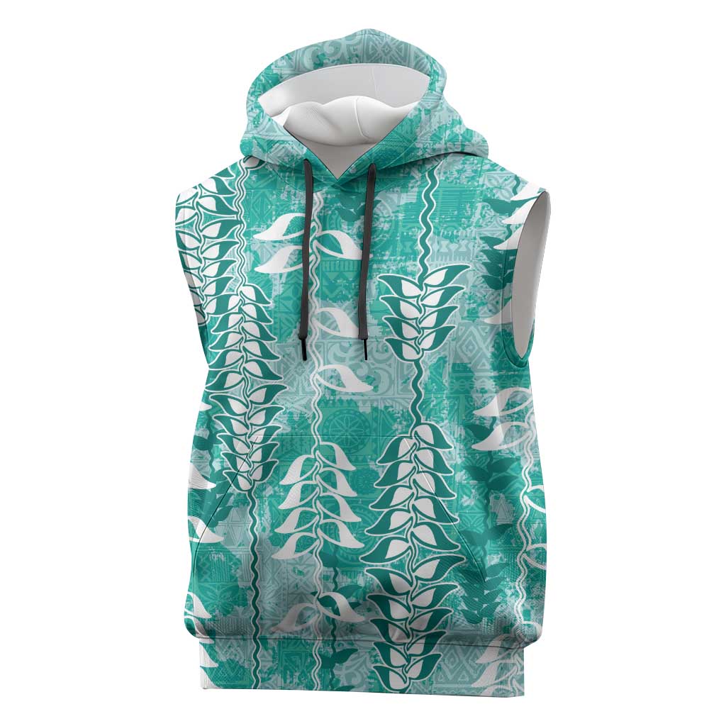 Teal Hawaii Tapa Pattern Sleeveless Hoodie With Heliconia Vintage Style