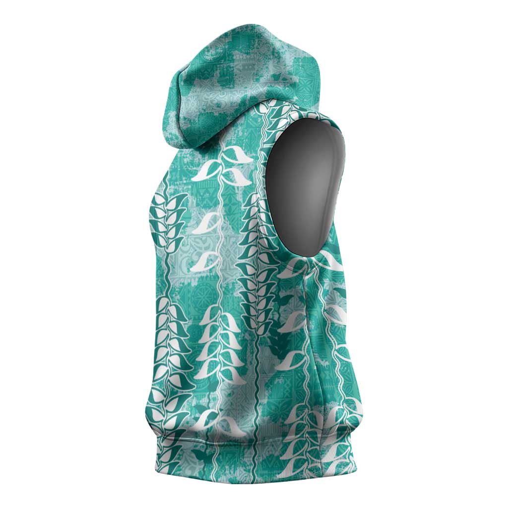 Teal Hawaii Tapa Pattern Sleeveless Hoodie With Heliconia Vintage Style LT05 - Polynesian Pride