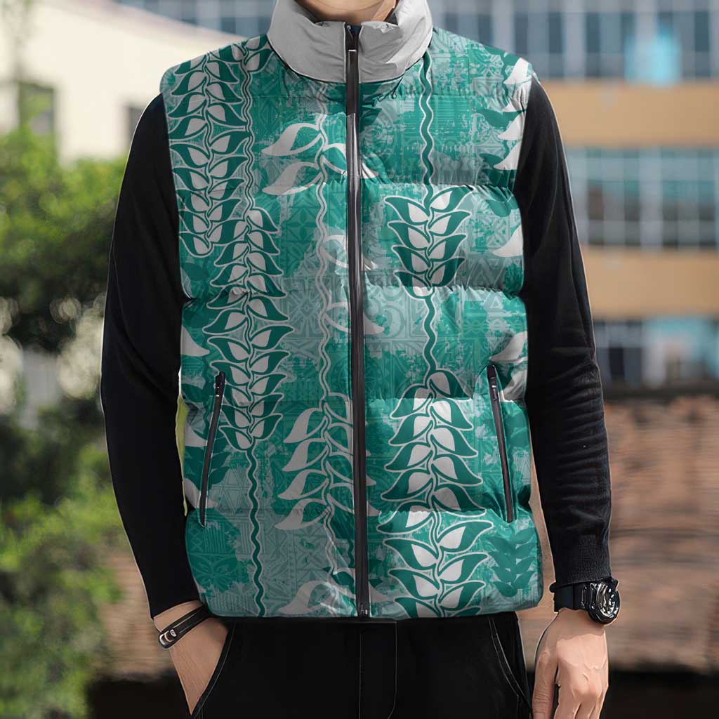 Teal Hawaii Tapa Pattern Sleeveless Puffer Jacket With Heliconia Vintage Style LT05 - Polynesian Pride