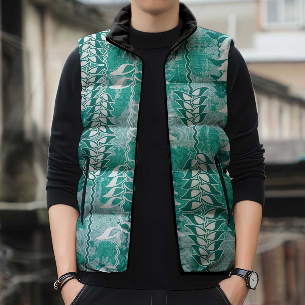 Teal Hawaii Tapa Pattern Sleeveless Puffer Jacket With Heliconia Vintage Style LT05 - Polynesian Pride