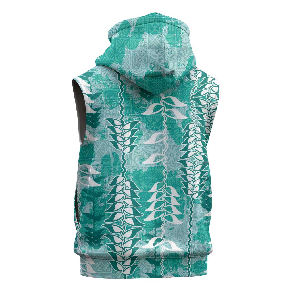 Teal Hawaii Tapa Pattern Sleeveless Zip Hoodie With Heliconia Vintage Style LT05 - Polynesian Pride