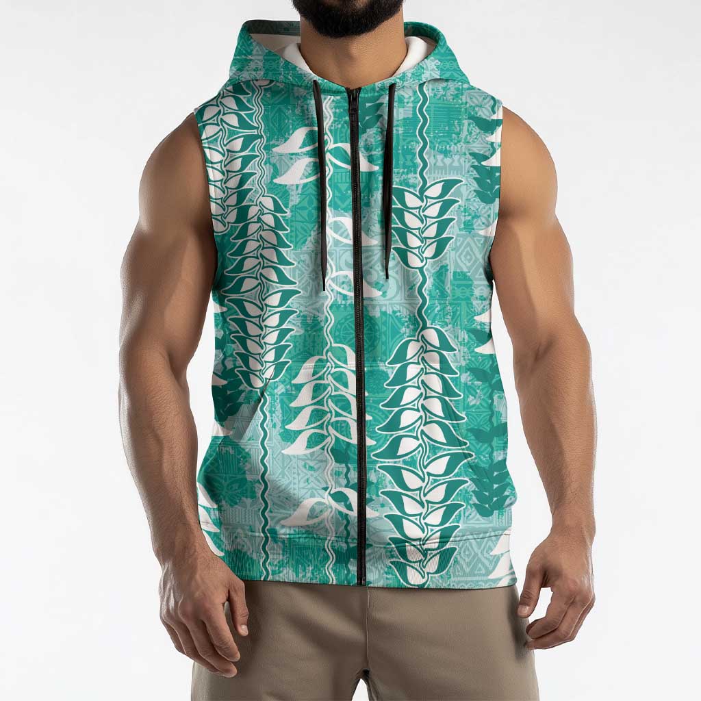 Teal Hawaii Tapa Pattern Sleeveless Zip Hoodie With Heliconia Vintage Style LT05 - Polynesian Pride