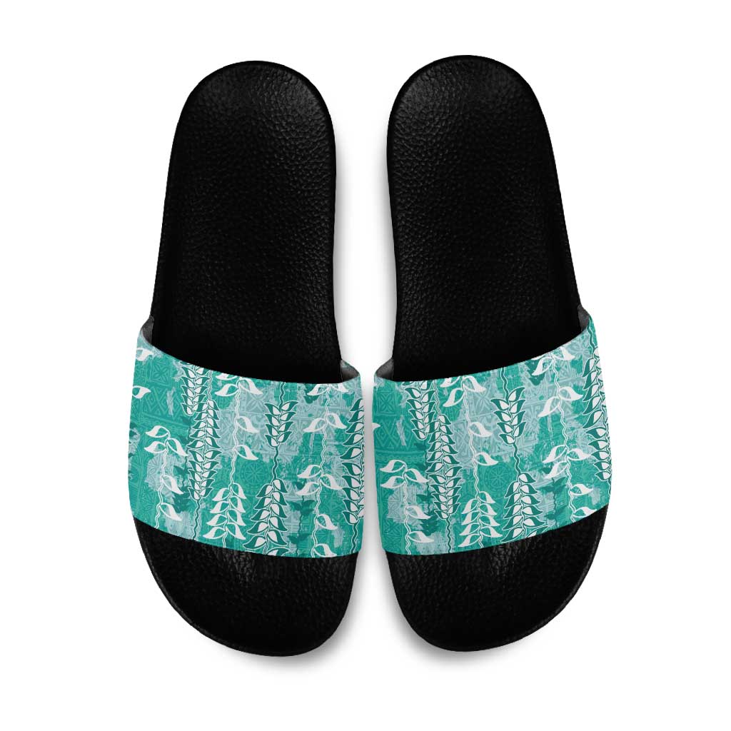 Teal Hawaii Tapa Pattern Slide Sandals With Heliconia Vintage Style LT05 Teal - Polynesian Pride