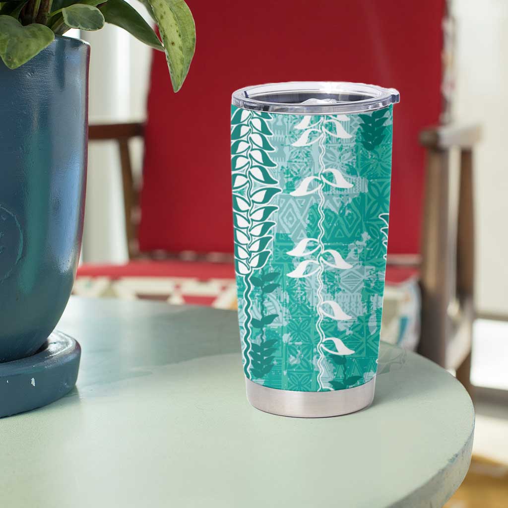 Teal Hawaii Tapa Pattern Tumbler Cup With Heliconia Vintage Style LT05 - Polynesian Pride