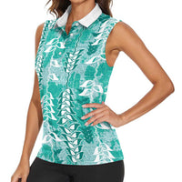 Teal Hawaii Tapa Pattern Women Sleeveless Polo Shirt With Heliconia Vintage Style LT05 - Polynesian Pride