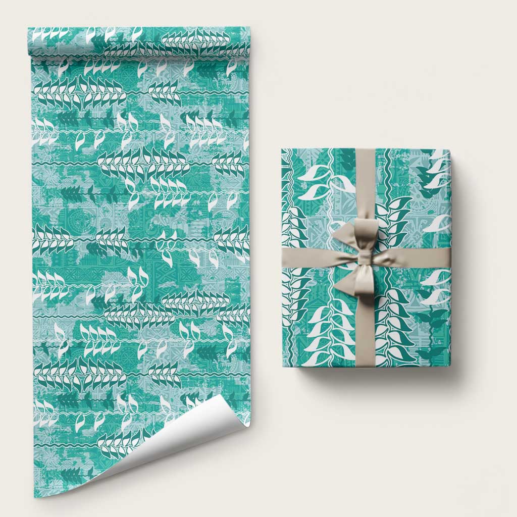 Teal Hawaii Tapa Pattern Wrapping Paper With Heliconia Vintage Style LT05 58" × 23" Teal - Polynesian Pride