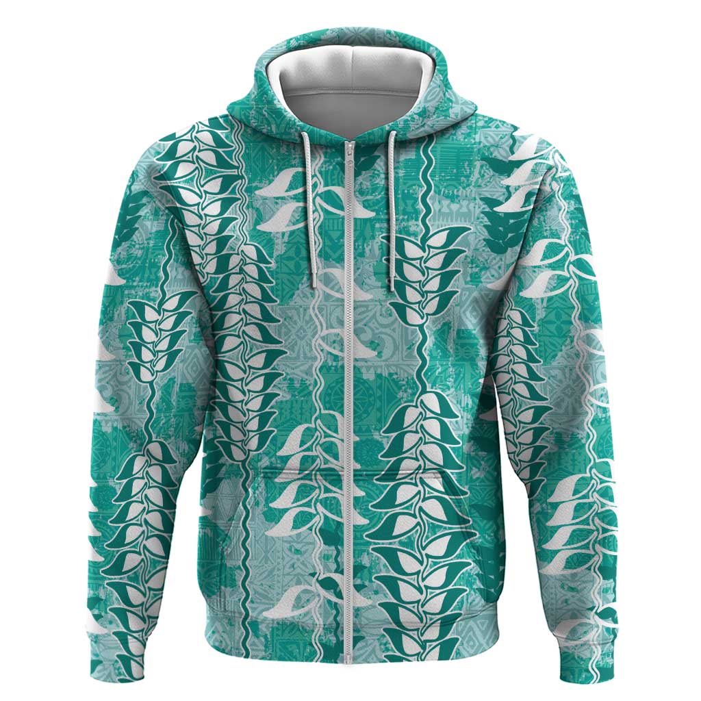Teal Hawaii Tapa Pattern Zip Hoodie With Heliconia Vintage Style