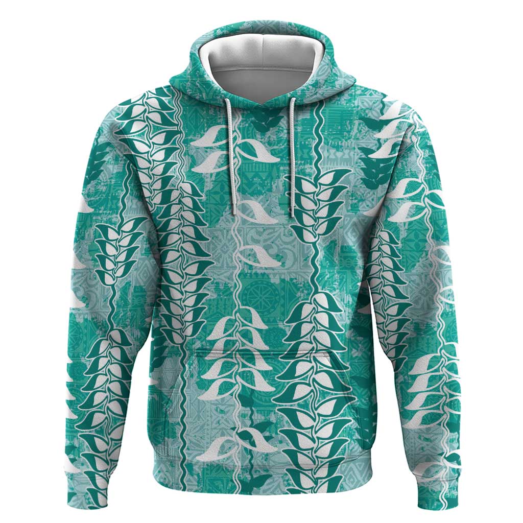 Teal Hawaii Tapa Pattern Zip Hoodie With Heliconia Vintage Style LT05 Pullover Hoodie Teal - Polynesian Pride