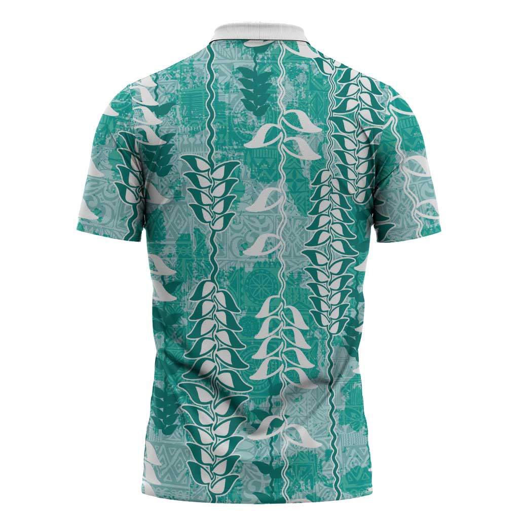 Teal Hawaii Tapa Pattern Zipper Polo Shirt With Heliconia Vintage Style LT05 - Polynesian Pride