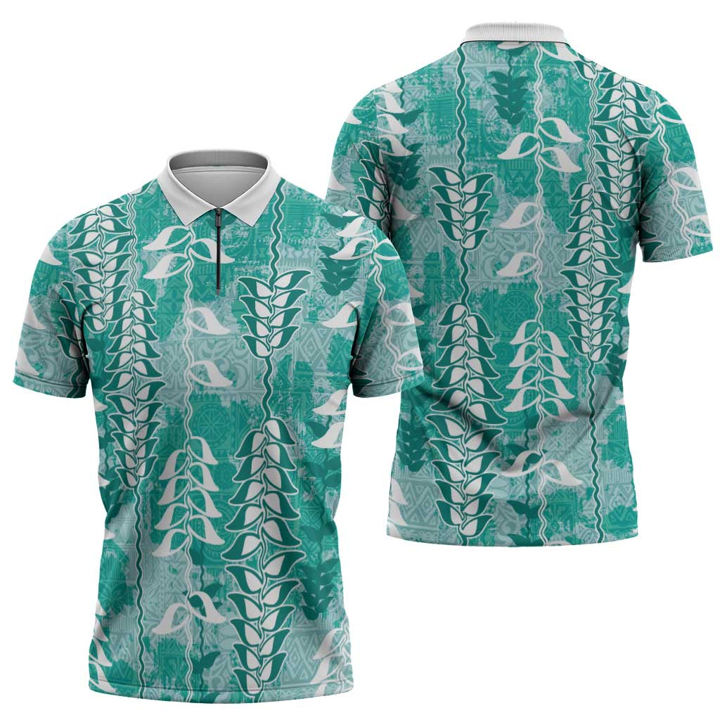 Teal Hawaii Tapa Pattern Zipper Polo Shirt With Heliconia Vintage Style LT05 - Polynesian Pride