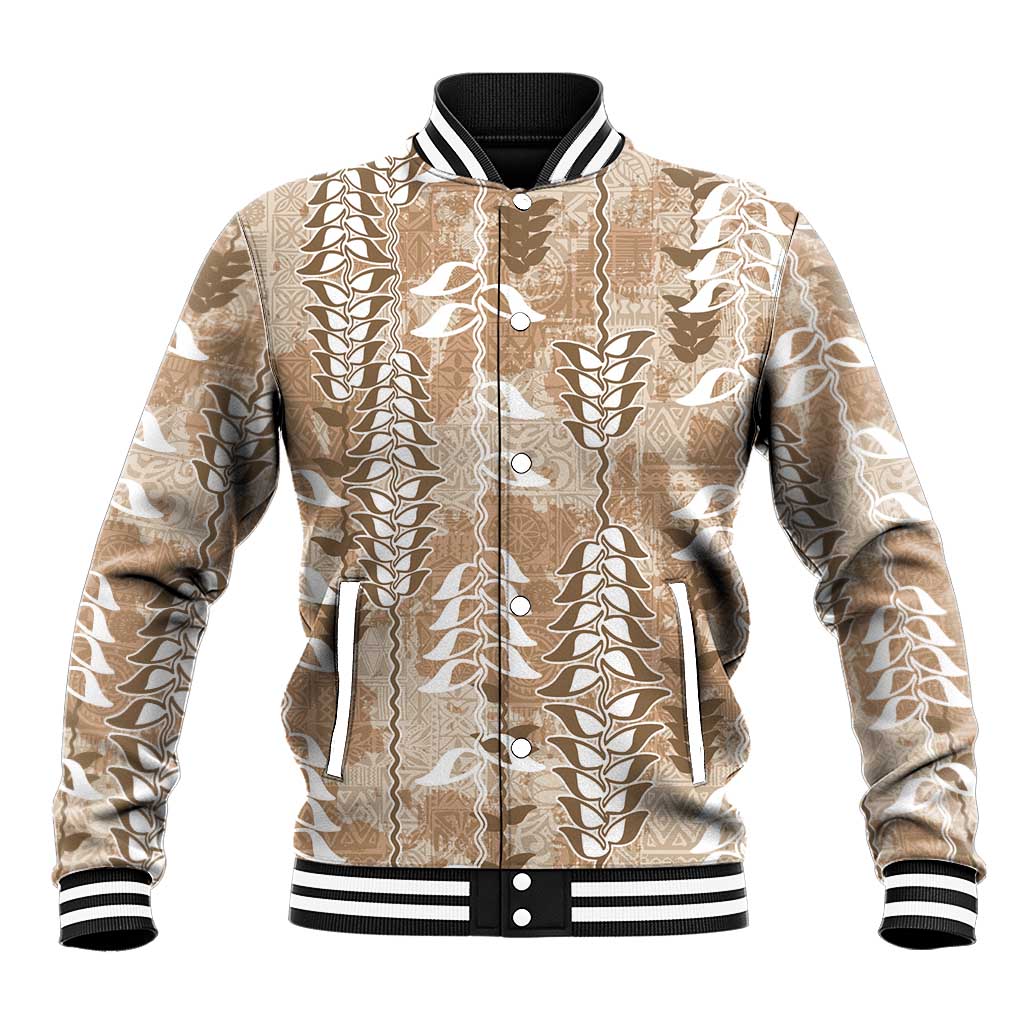 Beige Hawaii Tapa Pattern Baseball Jacket With Heliconia Vintage Style LT05 Unisex Beige - Polynesian Pride