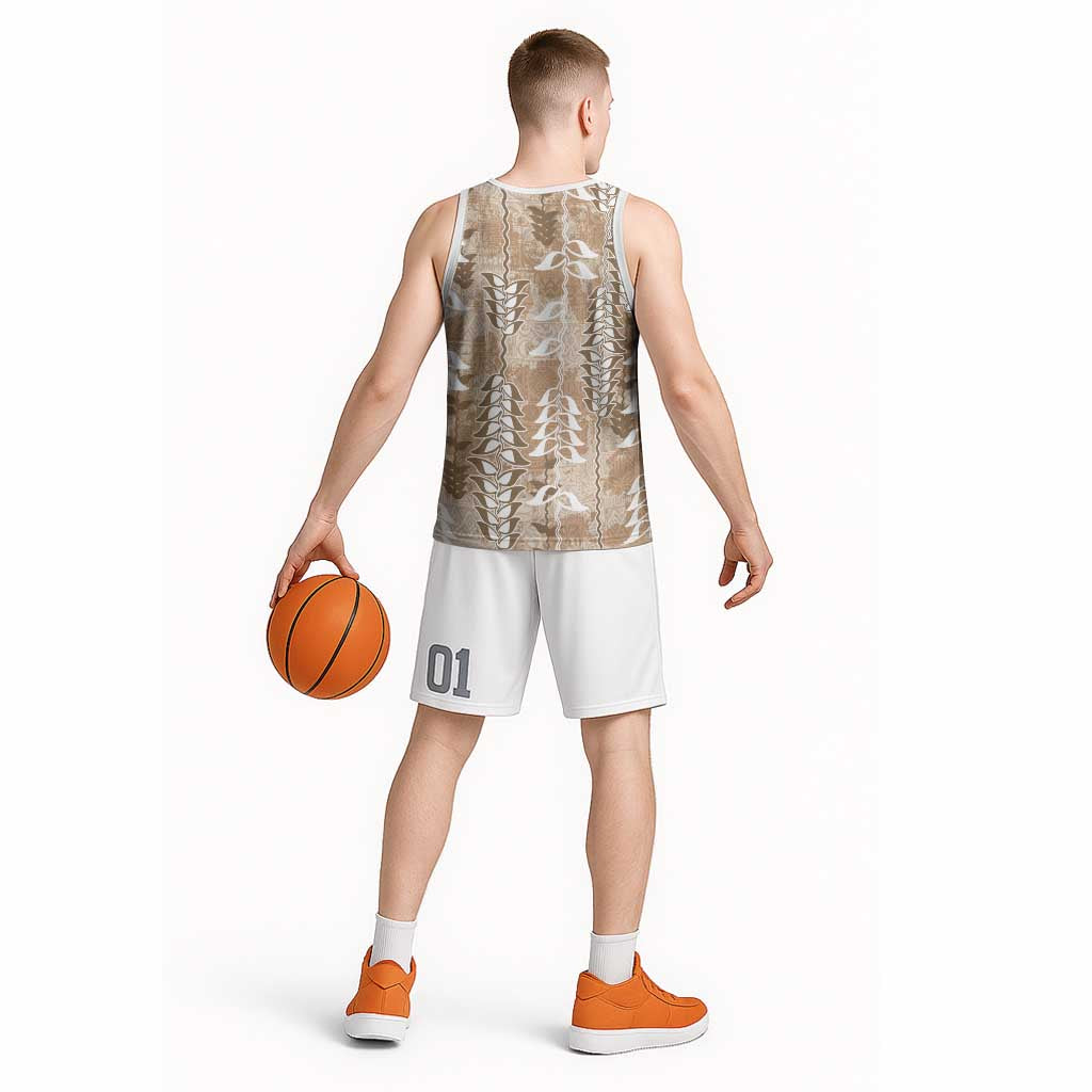 Beige Hawaii Tapa Pattern Basketball Jersey With Heliconia Vintage Style LT05 - Polynesian Pride