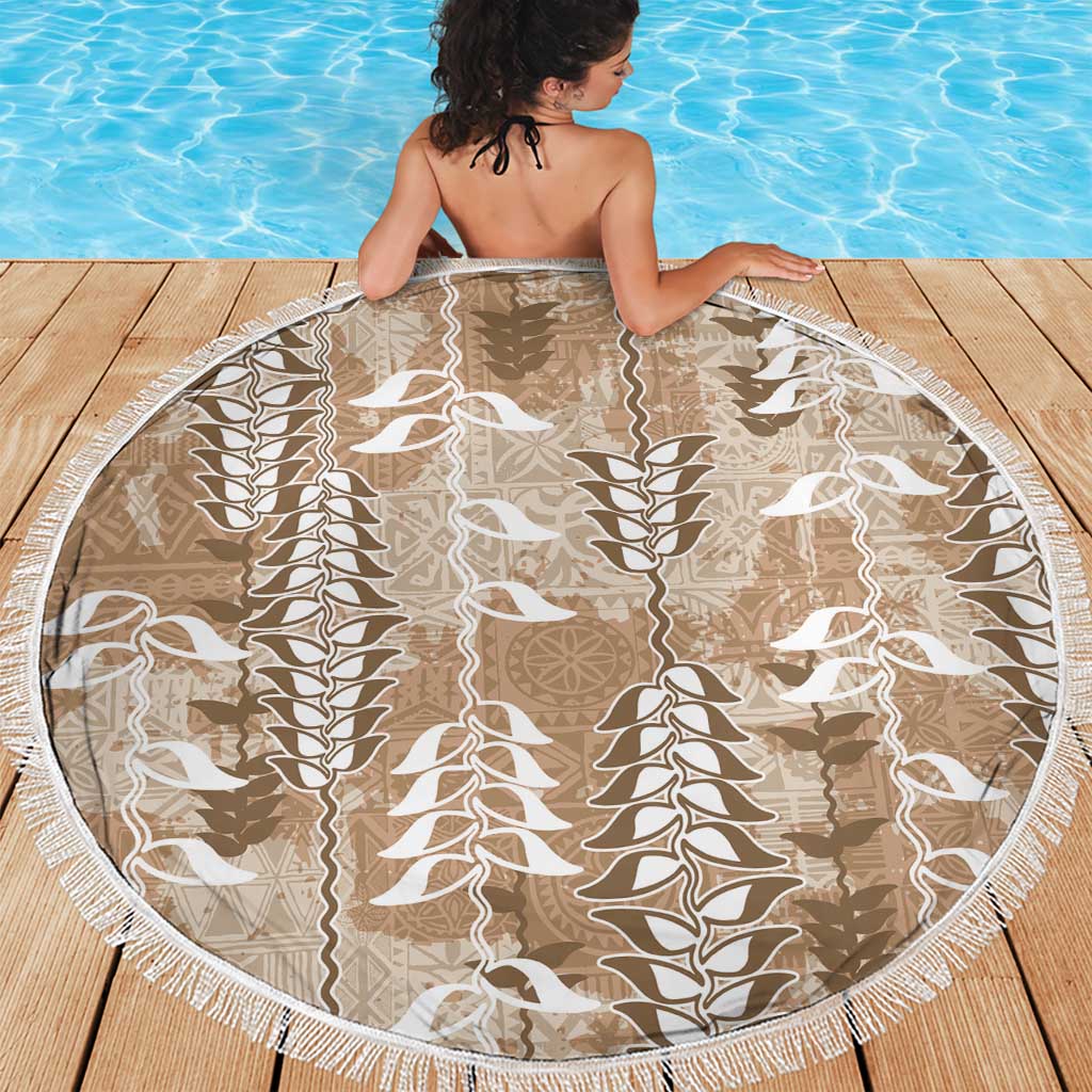 Beige Hawaii Tapa Pattern Beach Blanket With Heliconia Vintage Style LT05 - Polynesian Pride