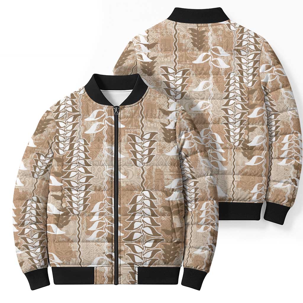 Beige Hawaii Tapa Pattern Bomber Puffer Jacket With Heliconia Vintage Style LT05 - Polynesian Pride