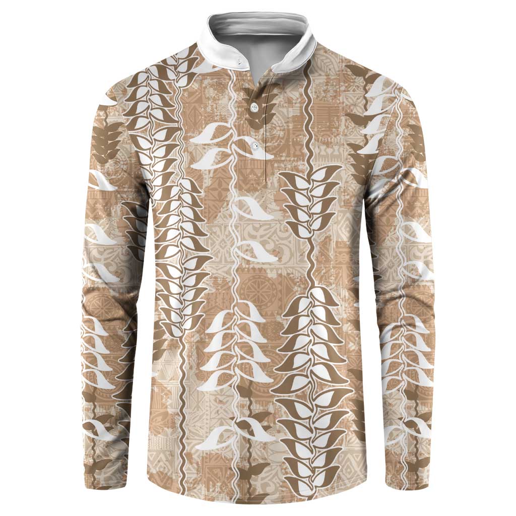 Beige Hawaii Tapa Pattern Button Sweatshirt With Heliconia Vintage Style LT05 Beige - Polynesian Pride