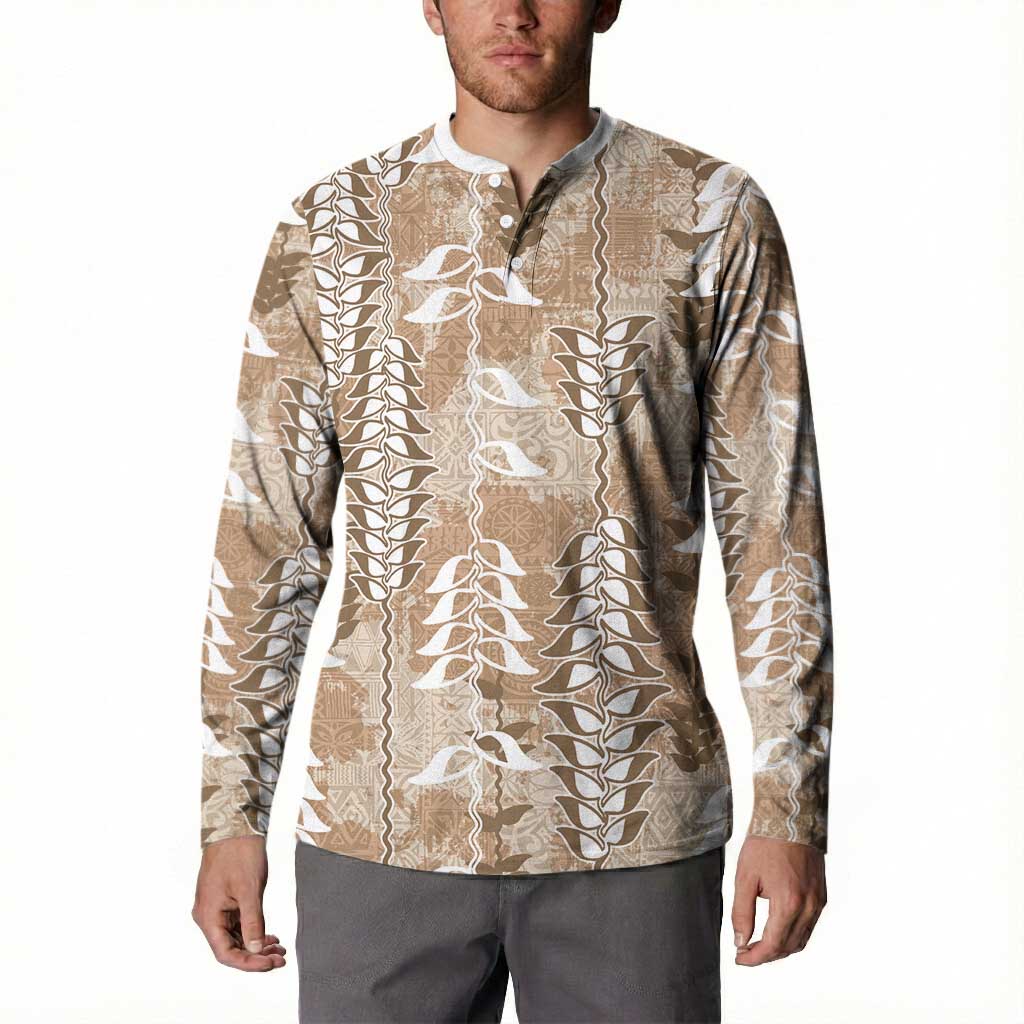 Beige Hawaii Tapa Pattern Button Sweatshirt With Heliconia Vintage Style LT05 - Polynesian Pride