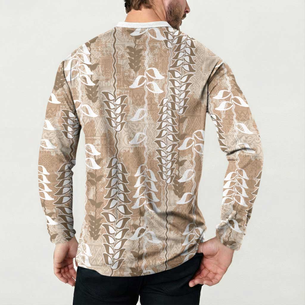 Beige Hawaii Tapa Pattern Button Sweatshirt With Heliconia Vintage Style LT05 - Polynesian Pride