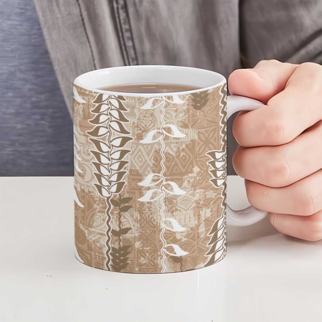 Beige Hawaii Tapa Pattern Ceramic Mug With Heliconia Vintage Style LT05 - Polynesian Pride