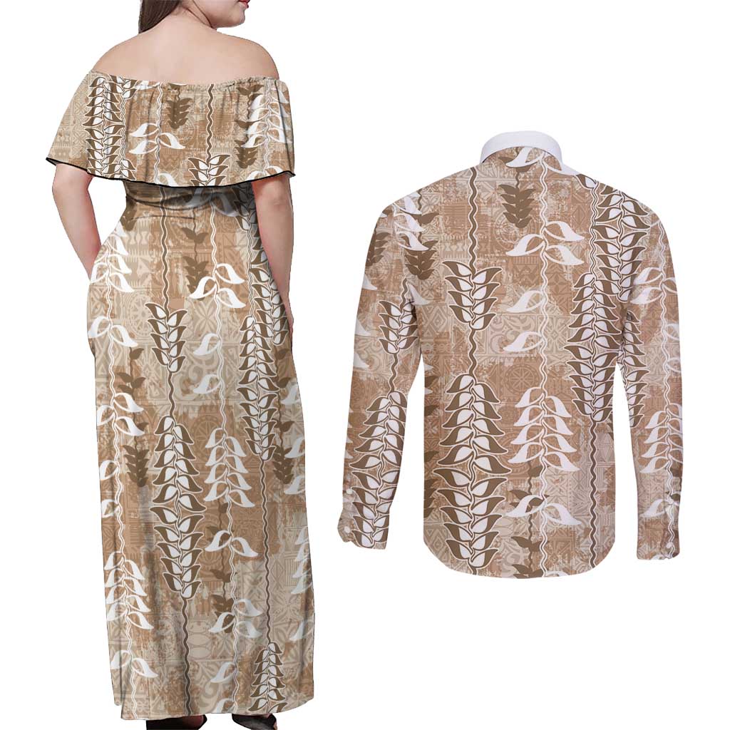 Beige Hawaii Tapa Pattern Couples Matching Off Shoulder Maxi Dress and Long Sleeve Button Shirt With Heliconia Vintage Style LT05 - Polynesian Pride