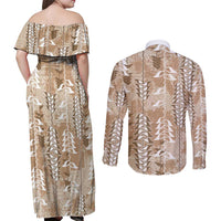 Beige Hawaii Tapa Pattern Couples Matching Off Shoulder Maxi Dress and Long Sleeve Button Shirt With Heliconia Vintage Style LT05 - Polynesian Pride