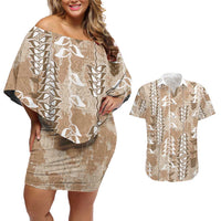 Beige Hawaii Tapa Pattern Couples Matching Off Shoulder Short Dress and Hawaiian Shirt With Heliconia Vintage Style LT05 Beige - Polynesian Pride