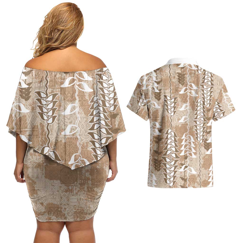 Beige Hawaii Tapa Pattern Couples Matching Off Shoulder Short Dress and Hawaiian Shirt With Heliconia Vintage Style LT05 - Polynesian Pride