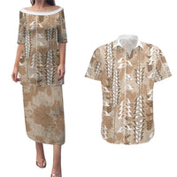 Beige Hawaii Tapa Pattern Couples Matching Puletasi and Hawaiian Shirt With Heliconia Vintage Style LT05 Beige - Polynesian Pride