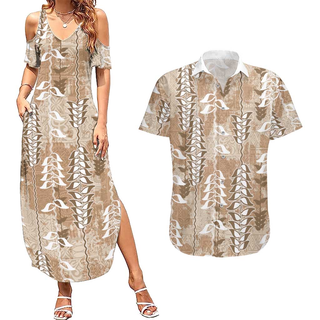 Beige Hawaii Tapa Pattern Couples Matching Summer Maxi Dress and Hawaiian Shirt With Heliconia Vintage Style LT05 Beige - Polynesian Pride